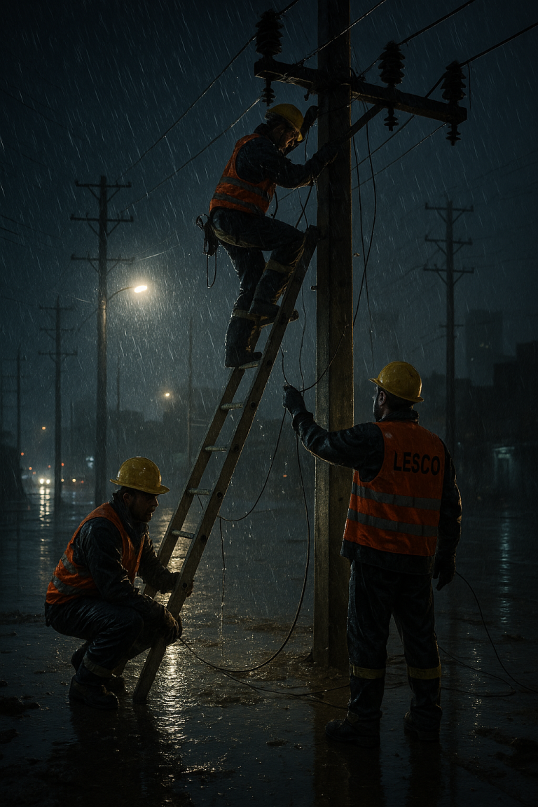 LESCO field workers in reflective gear repairing high-voltage power lines during heavy monsoon rain at night in Lahore, illuminated by emergency floodlights.