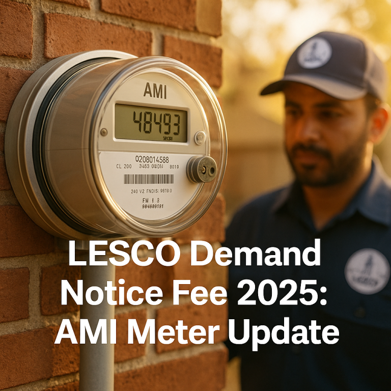 LESCO technician inspecting a digital AMI electricity meter installed on a residential brick wall in Lahore during daylight, with overlaid text highlighting LESCO Demand Notice Fee 2025 update