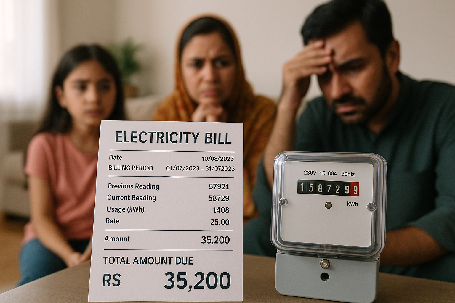 Inflated electricity bill and digital meter in a Pakistani home, highlighting overbilling-by-power-companies-in-2023 and consumer impact.