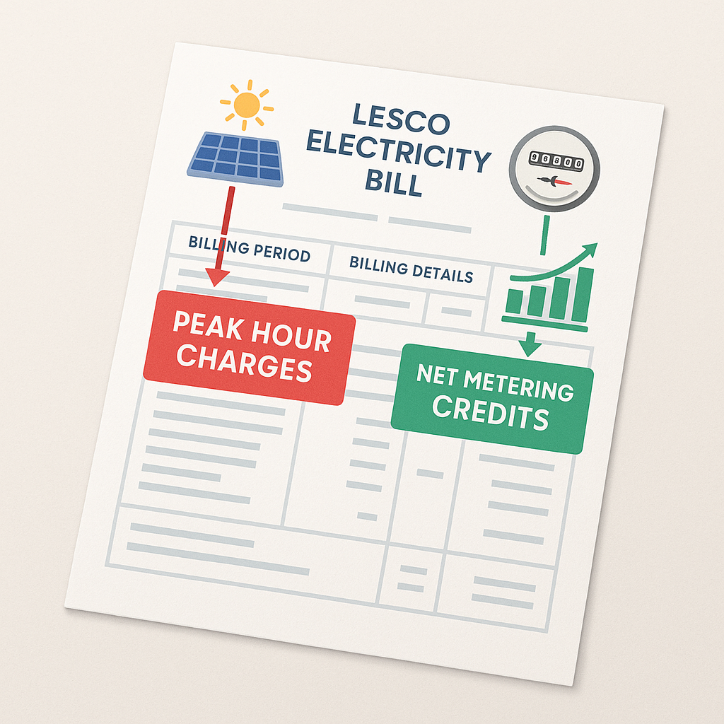 Top-down infographic showing two sections : peak hour surcharges with clock icon and high tariff rates, and net metering benefits with solar panel icon, energy credits, and reduced charges. Includes labeled icons for “LESCO Billing,” “Solar Energy Savings,” and “Electricity Tariff Comparison” in a clean, modern layout.
