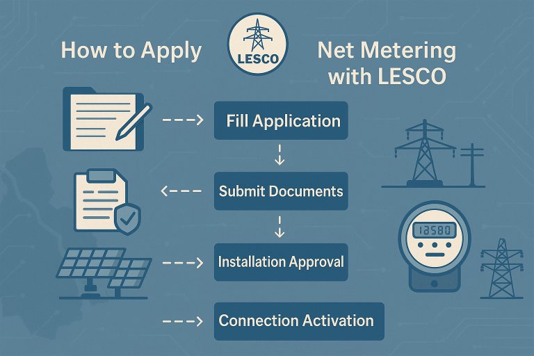 Infographic showing the 5-step process for applying for net metering with LESCO, including application, document submission, site inspection, installation approval, and connection activation.