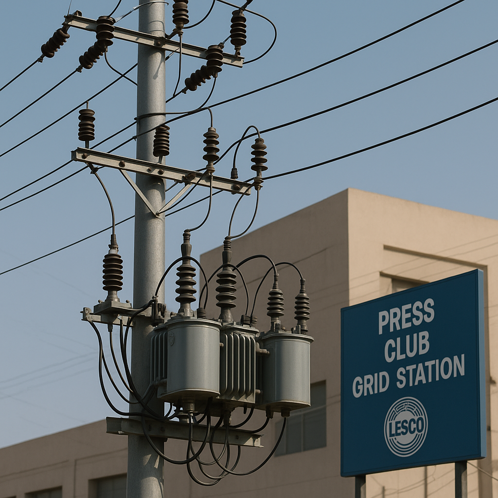 "Close-up of modern 11kV LESCO electricity line with transformers and wires at Press Club Grid Station, showing reliable urban power distribution under clear daylight."