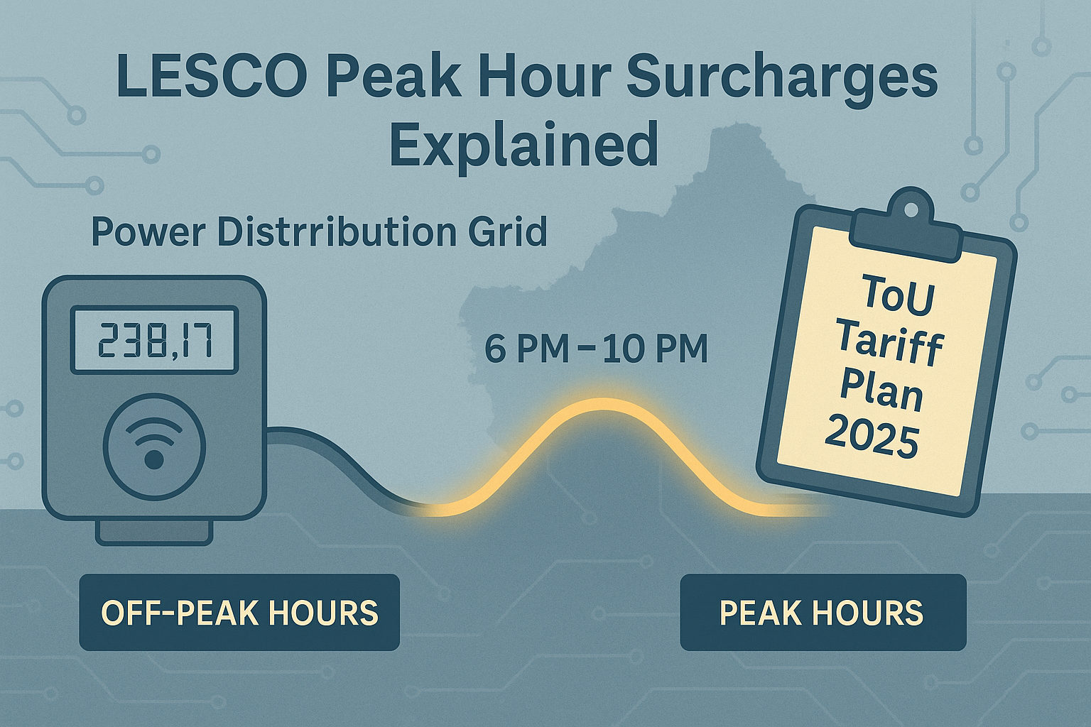 Flat digital graphic showing LESCO power grid and folders labeled ToU, Net Metering, and Microgrids with blue background