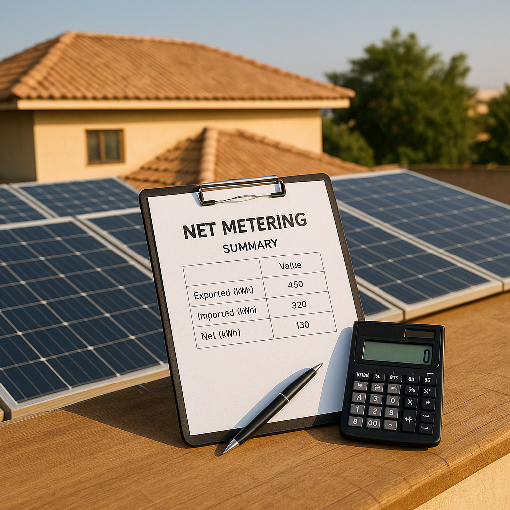 A clipboard displaying a net metering summary with a digital calculator and pen placed on a solar panel rooftop of a Pakistani home under a clear sky.