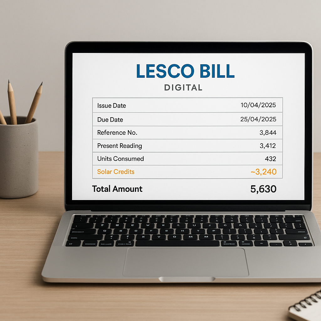 Close-up of a digital LESCO bill on a laptop highlighting solar credits through net metering for lesco consumers in Pakistan.