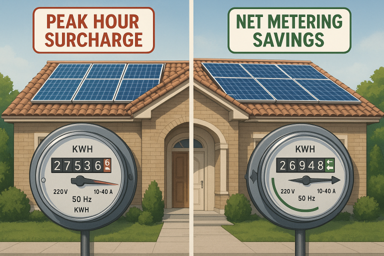 Comparison graphic showing peak hour surcharges on the left with a high electricity bill and a red warning icon, versus net metering on the right with a reduced bill and solar panel savings icon. Split background design with Pakistan homes and LESCO meter visuals, highlighting cost difference for solar users.