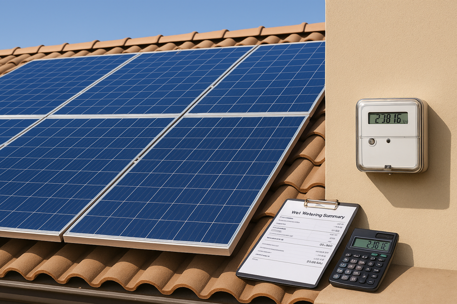 Digital electricity meter installed on a beige wall beside rooftop solar panels of a Pakistani home, with a clipboard showing net metering summary and calculator placed nearby under clear daylight.