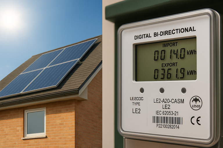 Rooftop solar panels and LESCO bi-directional net meter showing import and export readings for net metering in Pakistan