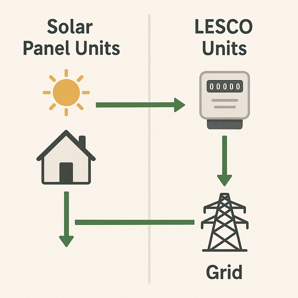 Comparison infographic showing how solar panel units vs LESCO units are calculated on a net metered bill