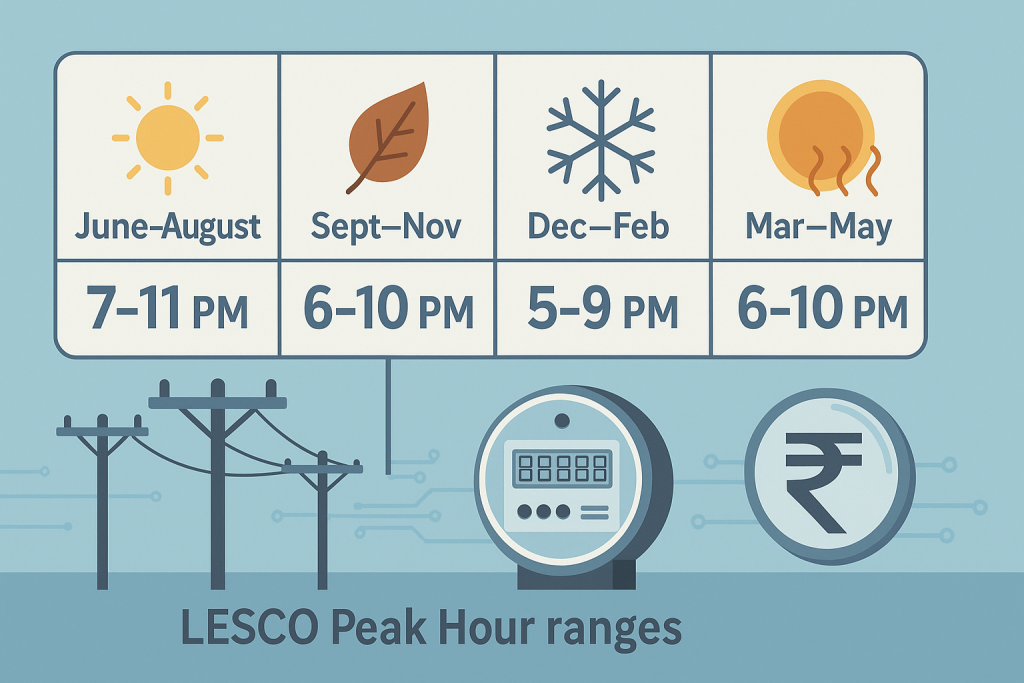 Three folders labeled ToU, Net Metering, and Microgrids with electricity pole icons and circuit overlays showing LESCO Peak Hour Surcharges