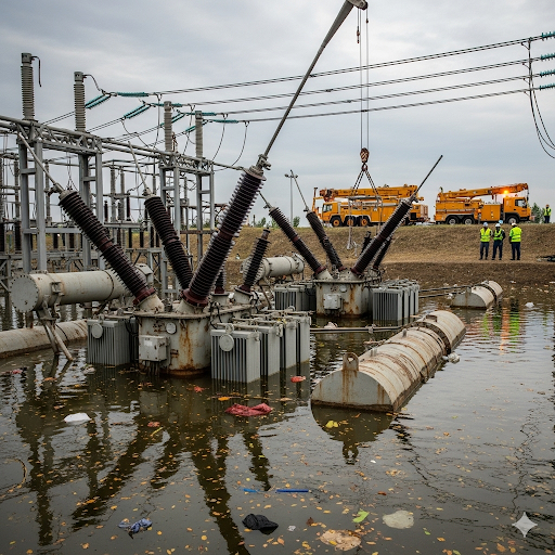 Flood-hit electricity grid station in Pakistan showing submerged feeders and transformers during power restoration efforts.
