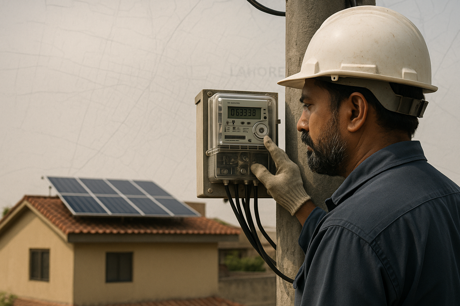 LESCO lineman inspecting a smart electricity meter on a utility pole with a residential solar panel system visible in the background and a faint Lahore grid map overlay.