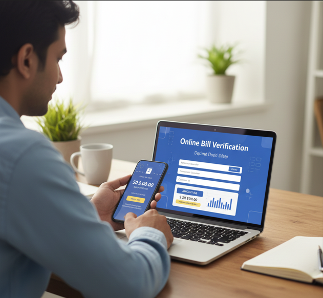 person checking their LESCO bill on a smartphone or laptop using a bill-checking portal interface.