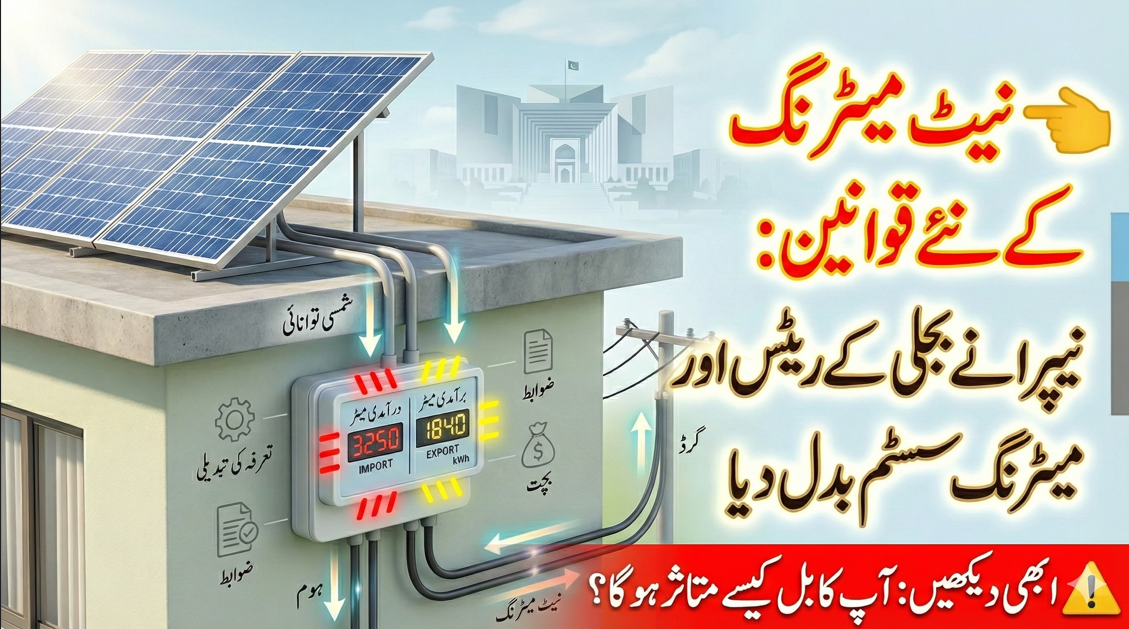 Illustration showing NEPRA’s new net metering regulations in Pakistan with rooftop solar panels, a digital electricity meter displaying separate import and export readings, and bidirectional power flow between home and grid
